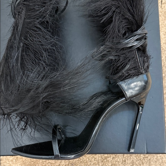 Saint Laurent Feather Lace-Up Heeled Sandals Black Leather Runway Statement 37 - Picture 10 of 16